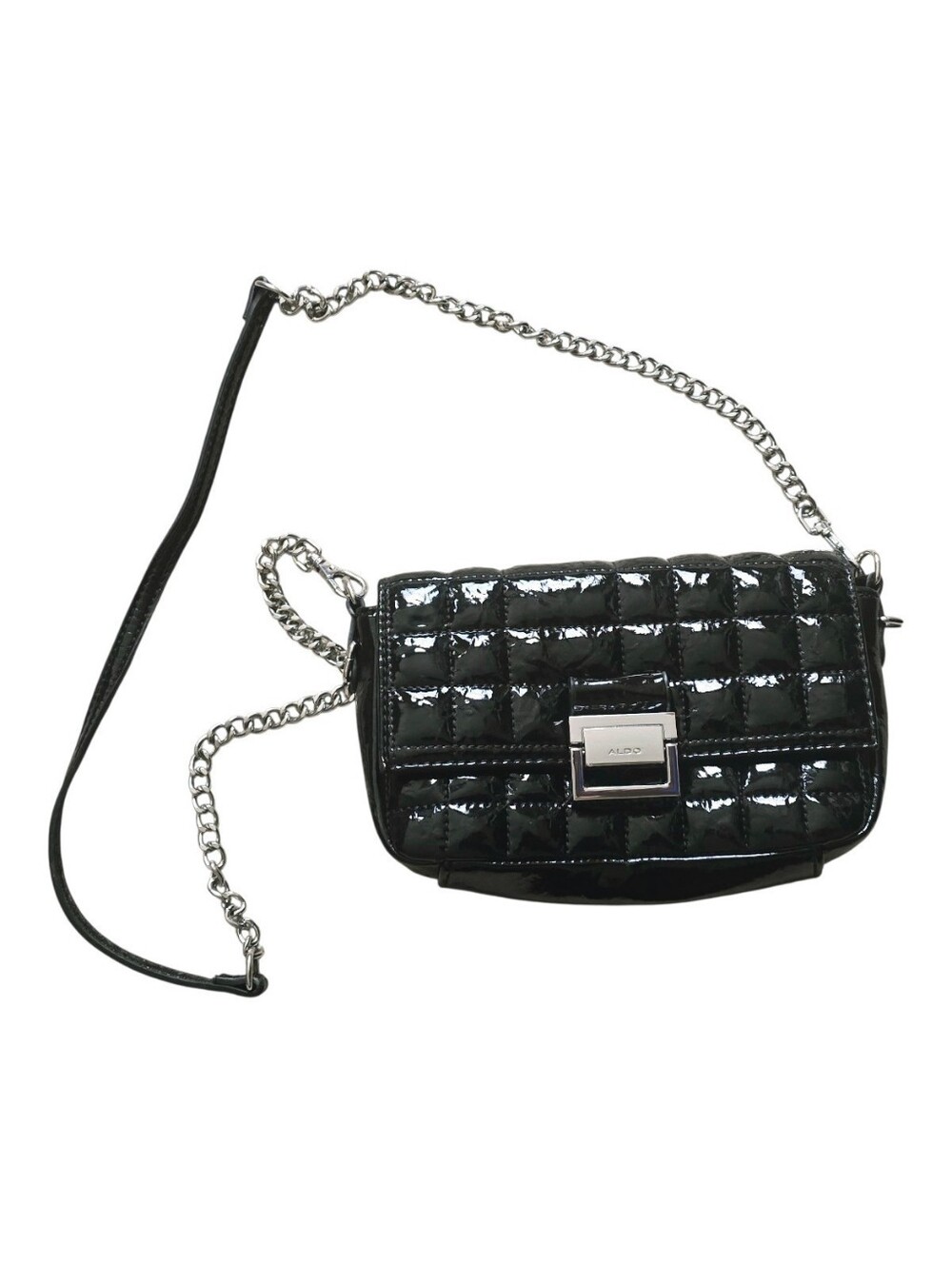 New Aldo Black Quilted Patent Crossbody with Short And Long  Silver Chain Detail
